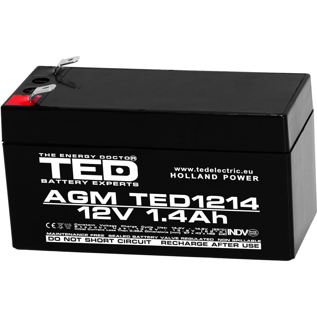Оловна батерия TED ELECTRIC, 12V / 1.4 Ah- 98/43,5/53 mm AGM