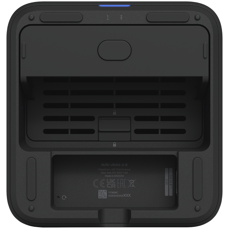 Ubiquiti UniFi UNAS-2-B-EU Network Attached Storage with (2) 3.5inch HDD bays, 2.5 GbE networking, USB-C connectivity, and an included PoE++ adapter, all in a compact footprint, black thumbnail 4