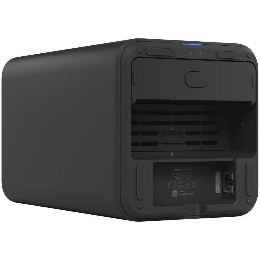 Ubiquiti UniFi UNAS-2-B-EU Network Attached Storage with (2) 3.5inch HDD bays, 2.5 GbE networking, USB-C connectivity, and an included PoE++ adapter, all in a compact footprint, black thumbnail 5