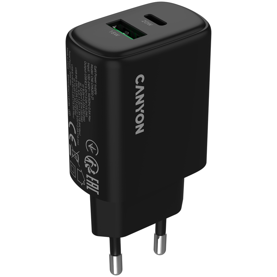 CANYON charger OnCharge 200 20W 1xPD 1xQC EU Black thumbnail 1