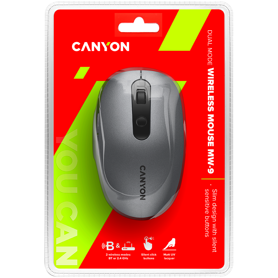 CANYON MW-9, 2 in 1 Wireless optical mouse with 6 buttons, DPI 800/1000/1200/1500, 2 mode(BT/ 2.4GHz), Battery AA*1pcs, Grey, 65.4*112.25*32.3mm, 0.092kg thumbnail 5