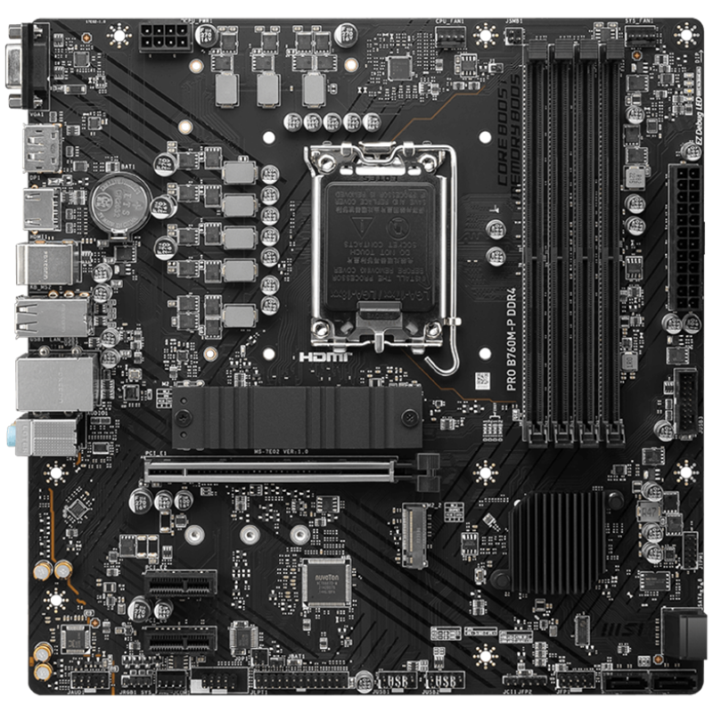 MSI PRO B760M-P DDR4, mATX, Socket 1700, Dual Channel DDR4 4800(OC)MHz, 1x PCIe x16 slots, 2x M.2 slots, 1x HDMI, 1x DP, 1x VGA, 1x USB 3.2 Gen 2 Type-C, 1x USB 3.2 Gen 1, 4x USB 2.0, 7.1 HD Audio, 1Gbps LAN, 3Y thumbnail 2