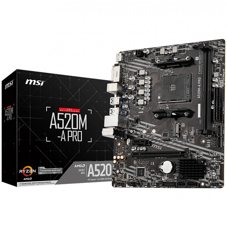 MSI Main Board Desktop A520M-A PRO (A520, AM4, 2xDDR4, 1x PCI-E 3.0 x16 slot,1x M.2 slot,4x USB 3.2 Gen1,2x USB 2.0,1x HDMI,1x DVI-D,Gigabit LAN,7.1 HD Audio, mATX, Retail) thumbnail 1