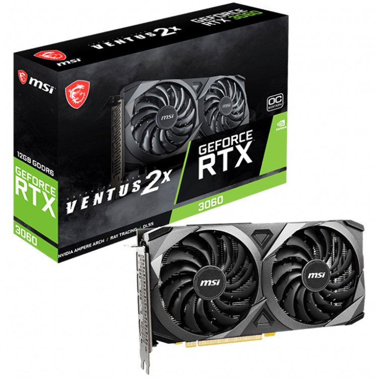 MSI Video Card Nvidia GeForce RTX 3060 VENTUS 2X 12G OC, 12GB GDDR6, 192-bit, 360 GB/s, 15 Gbps Effective Memory Clock, 1807 MHz Boost, 3584 CUDA Cores, PCIe 4.0, 3x DisplayPort 1.4a, HDMI 2.1, RAY TRACING, Dual Fan, 550W Recommended PSU, Metal Backplate, 3Y thumbnail 1
