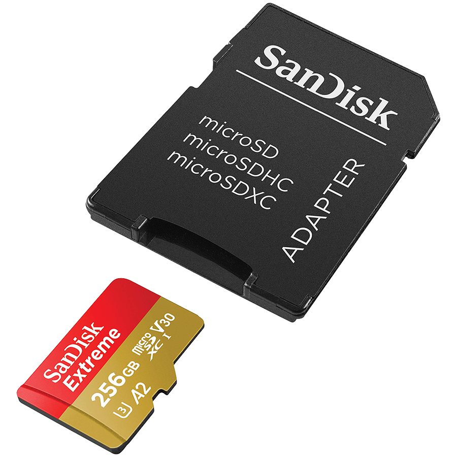 SANDISK Extreme microSDXC 256GB + SD Adapter + 1 year RescuePRO Deluxe up to 190MB/s & 130MB/s Read/Write speeds A2 C10 V30 UHS-I U3 thumbnail 1