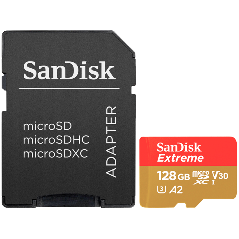 SANDISK Extreme microSDXC 128GB + SD Adapter + 1 year RescuePRO Deluxe up to 190MB/s & 90MB/s Read/Write speeds A2 C10 V30 UHS-I U3 thumbnail 1