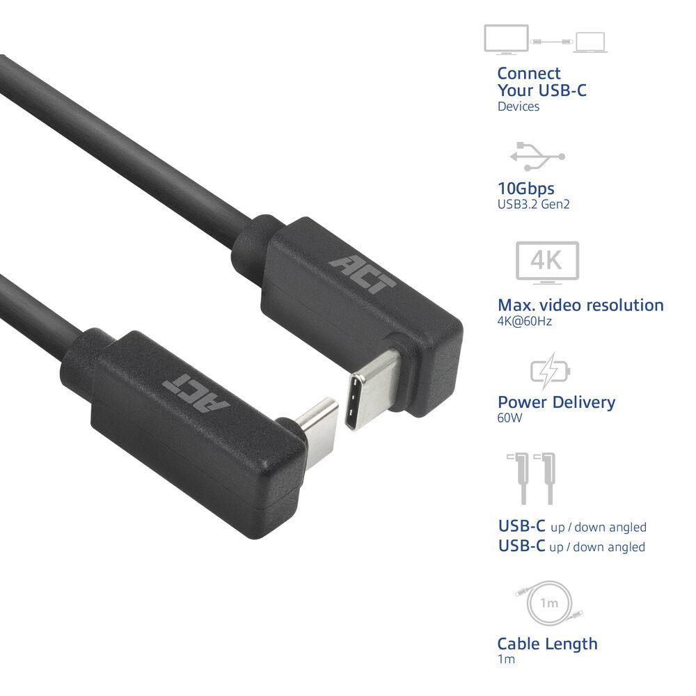 ACT Кабел USB-C 10Gbps, 60W, 1м, конектори на 90° up/down angled thumbnail 1