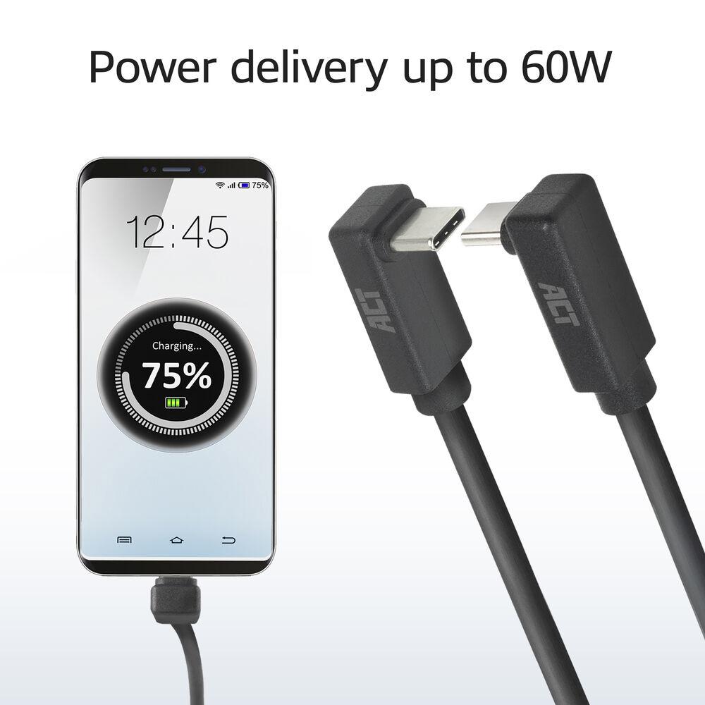 ACT Кабел USB-C 10Gbps, 60W, 1м, конектори на 90° up/down angled thumbnail 3