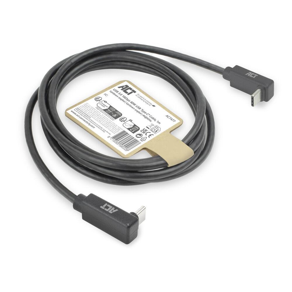 ACT Кабел USB-C 10Gbps, 60W, 1м, конектори на 90° up/down angled thumbnail 6