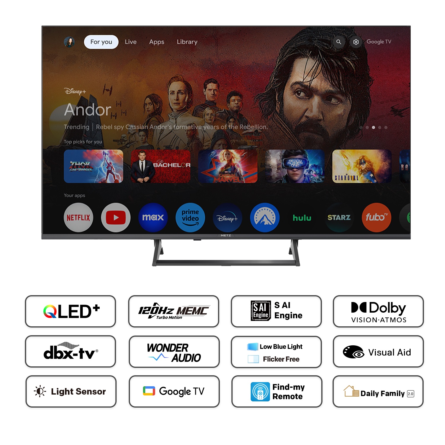 METZ Телевизор 43" 43MQF7500Z UHD 4K QLED SMART TV, Google TV, Клас G thumbnail 4