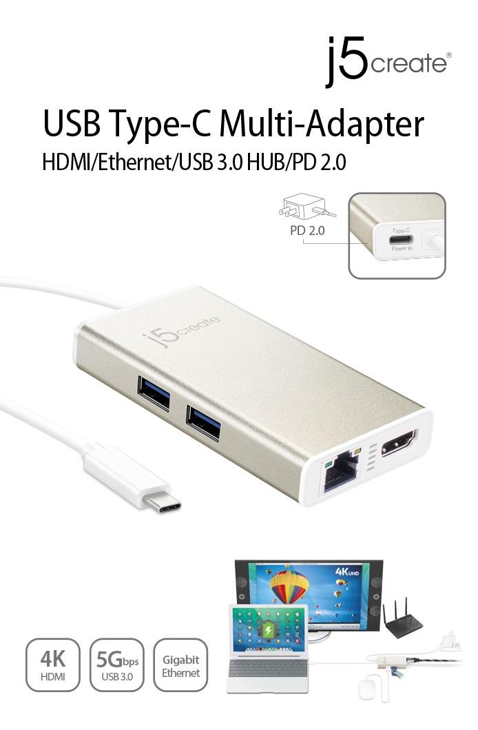 Мултипортов USB-C адаптер j5Create JCA374, HDMI, Ethernet, USB 3.0 хъб, PD 2.0 thumbnail 2