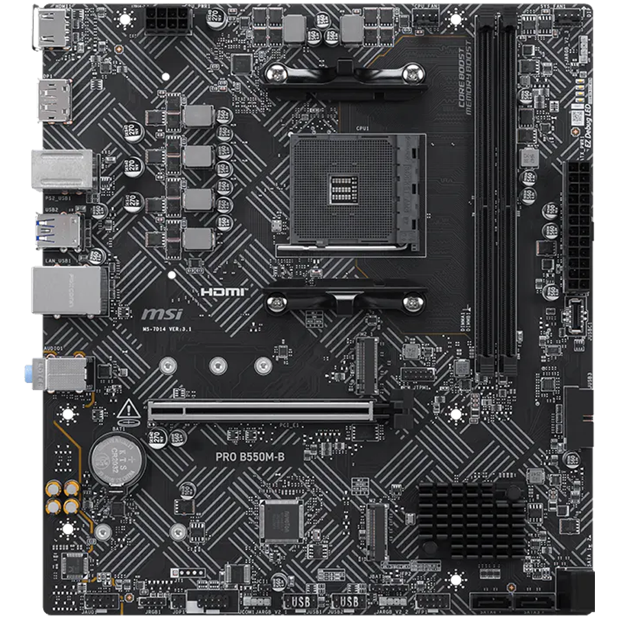 MSI PRO B550M-B, M-ATX, Socket AM4, 2 DIMM, Dual Channel DDR4 up to 4600+(OC)MHz, 1x PCIe 4.0 x16 slot, 2x M.2 slots, 4x USB 3.2 Gen 1, 2x USB 2.0, 1x HDMI,1x DP, 1G LAN, 7.1 Audio, 3Y thumbnail 1