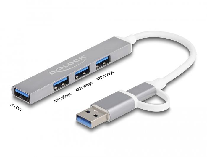 USB хъб Delock, USB-C / USB-A - 3 x USB-A 2.0 + 1 x USB-A 5 Gbps thumbnail 1