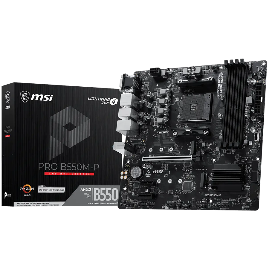 MSI PRO B550M-P, M-ATX, Socket AM4, 4 DIMM, Dual Channel DDR4 up to 4400+(OC)MHz, 1x PCIe 4.0 x16 slot, 2x M.2 slots, 4x USB 3.2 Gen 1, 2x USB 2.0, 1x HDMI,1x DP, 1x VGA, 1G LAN, 7.1 Audio, 3Y thumbnail 1