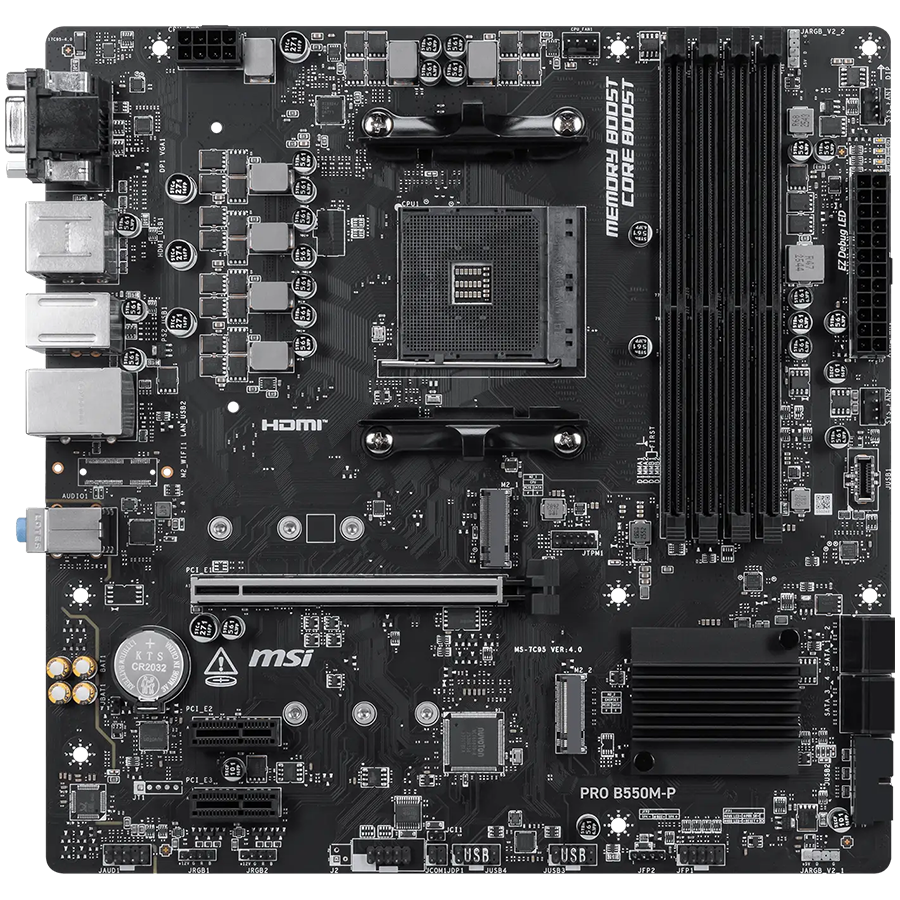 MSI PRO B550M-P, M-ATX, Socket AM4, 4 DIMM, Dual Channel DDR4 up to 4400+(OC)MHz, 1x PCIe 4.0 x16 slot, 2x M.2 slots, 4x USB 3.2 Gen 1, 2x USB 2.0, 1x HDMI,1x DP, 1x VGA, 1G LAN, 7.1 Audio, 3Y thumbnail 2