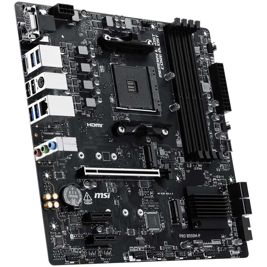 MSI PRO B550M-P, M-ATX, Socket AM4, 4 DIMM, Dual Channel DDR4 up to 4400+(OC)MHz, 1x PCIe 4.0 x16 slot, 2x M.2 slots, 4x USB 3.2 Gen 1, 2x USB 2.0, 1x HDMI,1x DP, 1x VGA, 1G LAN, 7.1 Audio, 3Y thumbnail 3