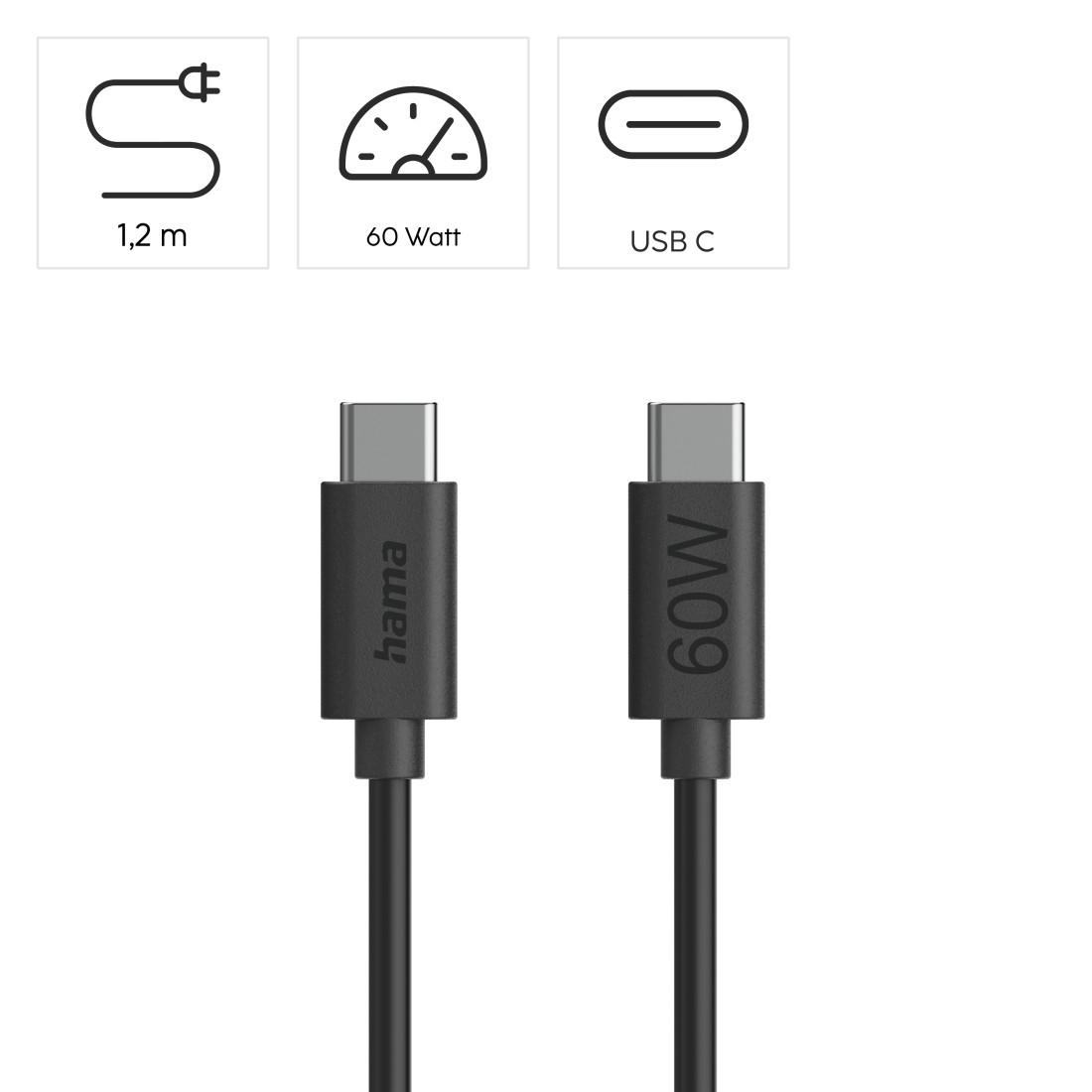 HAMA Кабел за зареждане USB-C - USB-C, 60 W, 1.2 м, черен thumbnail 6
