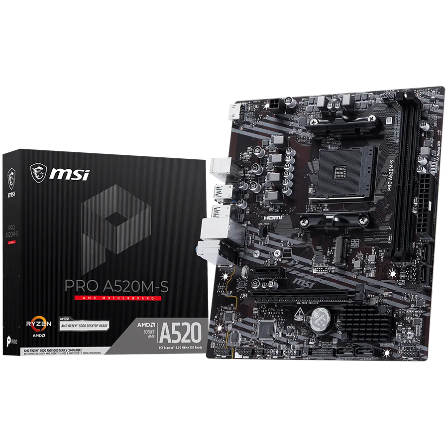 MSI PRO A520M-S, M-ATX, Socket AM4, 2 DIMM, Dual Channel DDR4 up to 4600+(OC)MHz, 1x PCIe 3.0 x16, 1x PCIe 3.0 x1, 1x M.2 slot, 4x SATA3, 6x USB 3.2 Gen 1, 6x USB 2.0, 1x HDMI, 1G LAN, 7.1 Audio, 3Y thumbnail 1