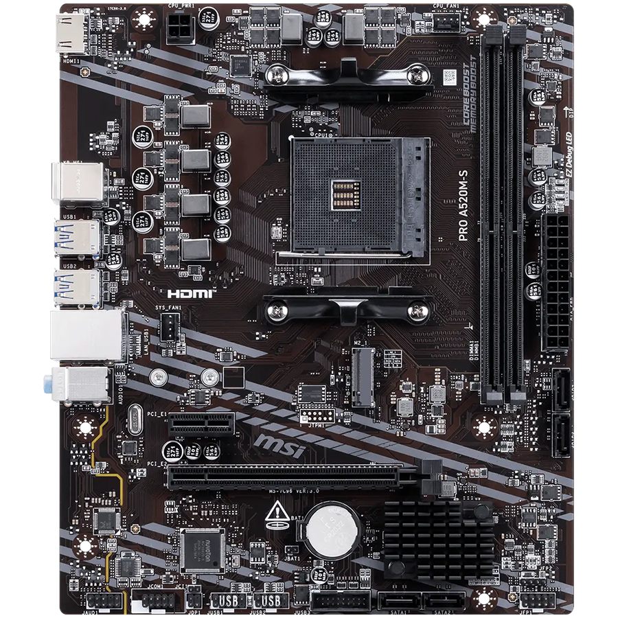 MSI PRO A520M-S, M-ATX, Socket AM4, 2 DIMM, Dual Channel DDR4 up to 4600+(OC)MHz, 1x PCIe 3.0 x16, 1x PCIe 3.0 x1, 1x M.2 slot, 4x SATA3, 6x USB 3.2 Gen 1, 6x USB 2.0, 1x HDMI, 1G LAN, 7.1 Audio, 3Y thumbnail 2