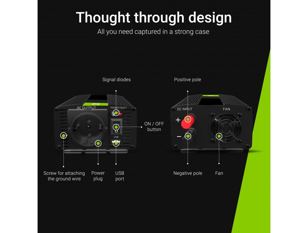 Инвертор GREEN CELL, 12/220V,  DC/AC 1000W/2000W, Модифицирана синусоида thumbnail 2