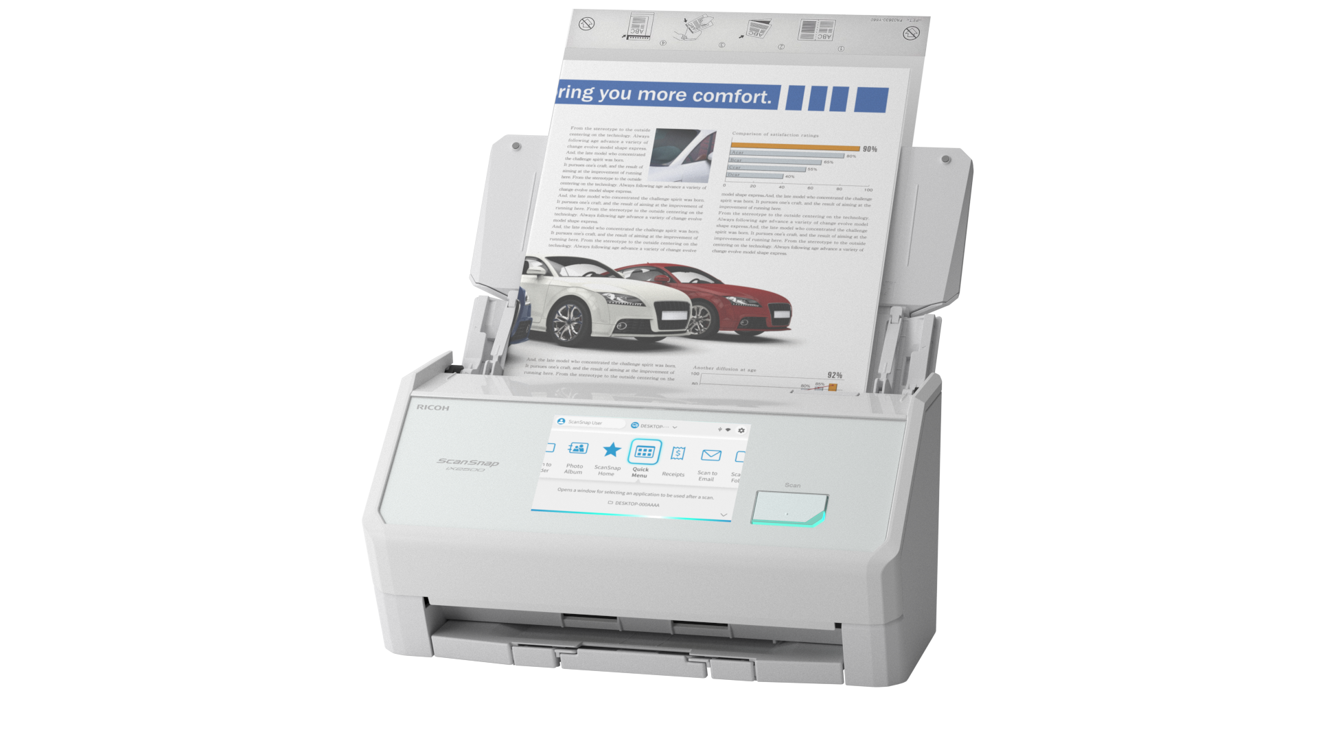 Скенер Ricoh ScanSnap iX2500,A4, USB 3.2,Wi-Fi, Duplex ADF, 45ppm/90 ipm, 5" тъч дисплей;бял thumbnail 1