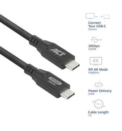 ACT Кабел USB-C - USB-C, 1 м / USB4, 20Gbps, 240W thumbnail 1