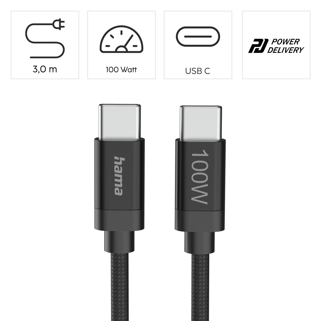 Hama Кабел за зареждане, "Fabric", USB-C - USB-C, 100 W, 3 m, Nylon, black thumbnail 6