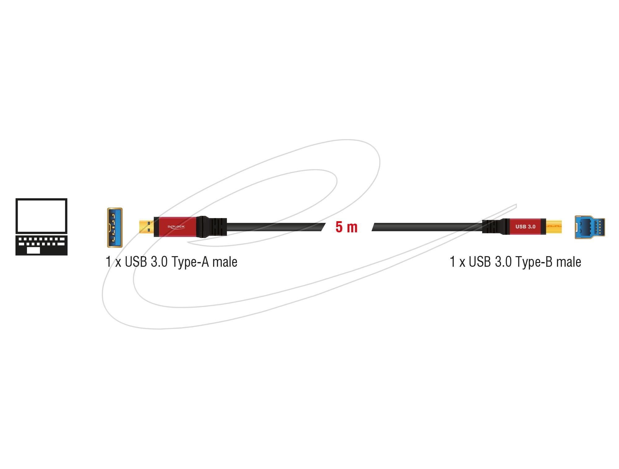 Кабел Delock USB-A 3.0 5Gbps мъжко - USB-B 5Gbps мъжко, 5 м, Premium, Черен thumbnail 2