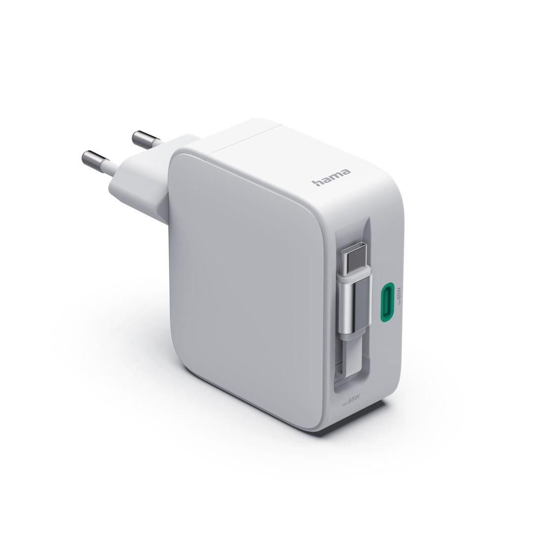 HAMA Бързо зарядно, 65 W, GaN, 2x USB-C, с разтегателен кабел 0.7м, бял thumbnail 1