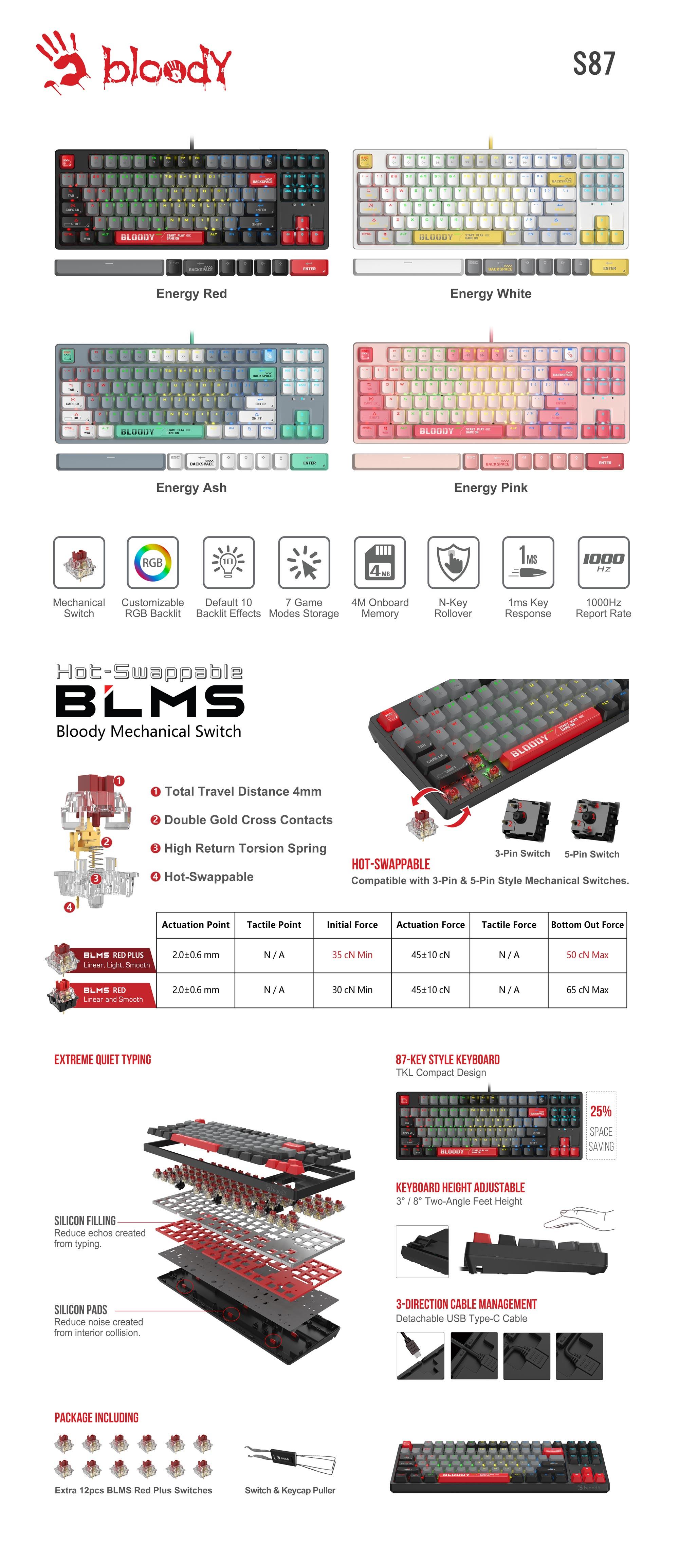 А4tech Геймърска механична  клавиатура Bloody Energy Pink S87 BLMS TKL RGB Backlit red switch , USB thumbnail 3
