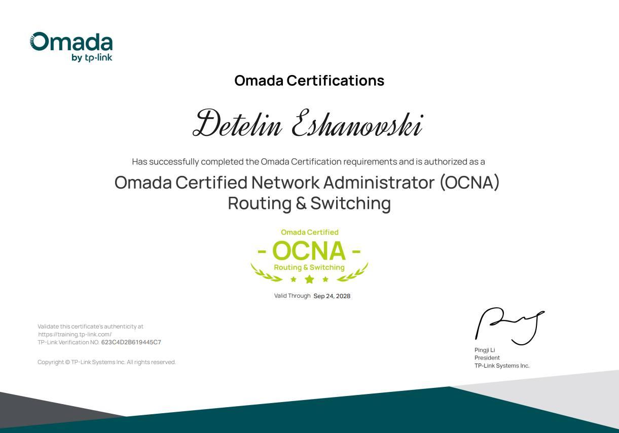 Сертификат OCNA – Omada Certified Network Administrator, Routing & Switching (TP-Link), Детелин Ешановски